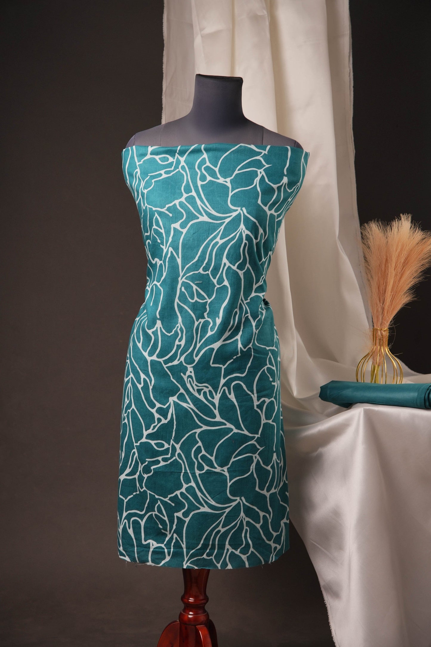 Teal Green Pakistani Unstitched Suit with Multicolour Floral Dupatta & 2-Line Sleeves