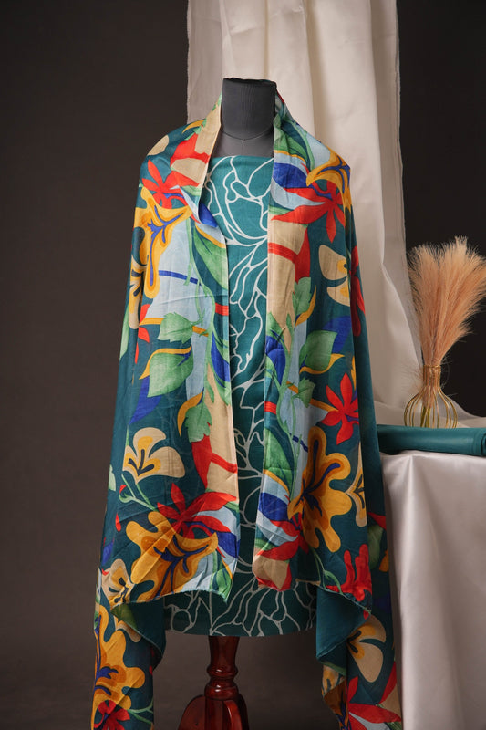 Teal Green Pakistani Unstitched Suit with Multicolour Floral Dupatta & 2-Line Sleeves