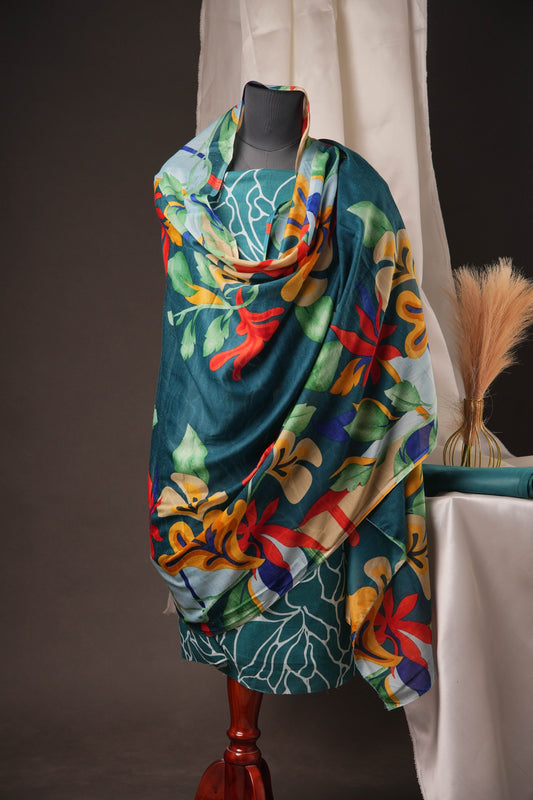 Teal Green Pakistani Unstitched Suit with Multicolour Floral Dupatta & 2-Line Sleeves