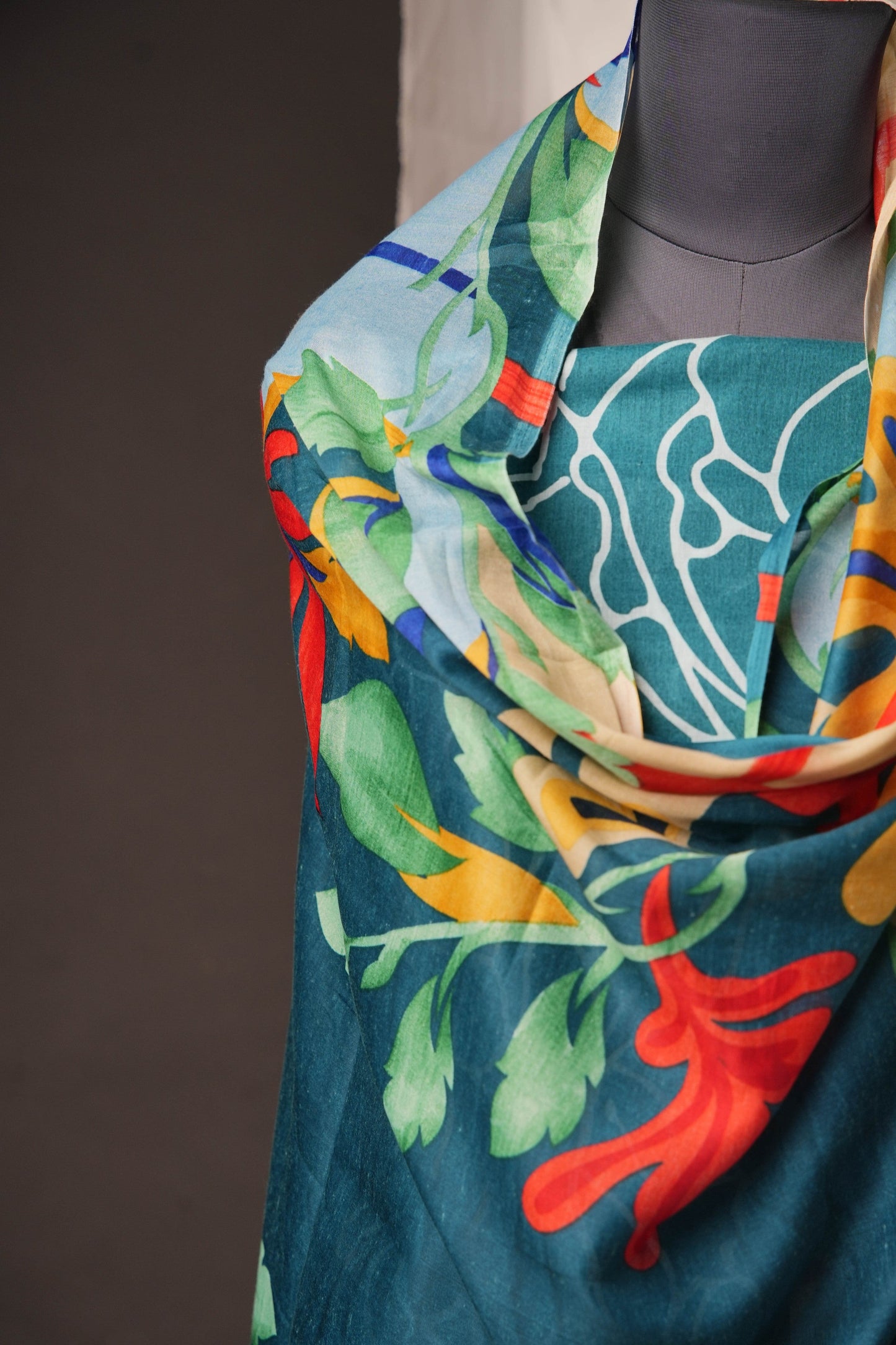 Teal Green Pakistani Unstitched Suit with Multicolour Floral Dupatta & 2-Line Sleeves
