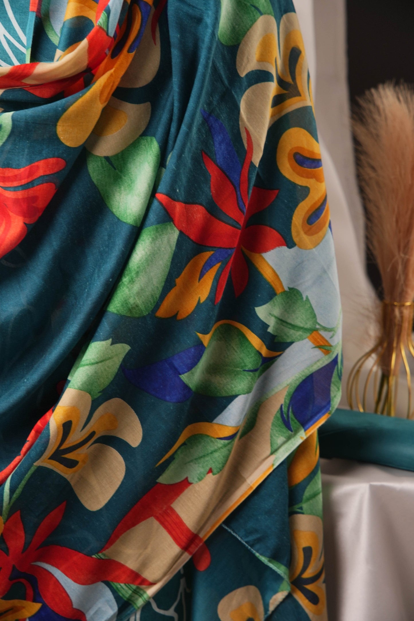 Teal Green Pakistani Unstitched Suit with Multicolour Floral Dupatta & 2-Line Sleeves