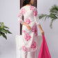 White Viscose Rayon Kurta Set with Pink Floral Print & Contrast Dupatta