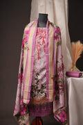 Lavender Printed Pakistani Unstitched Suit with Embroidered Neck & Corner Patch