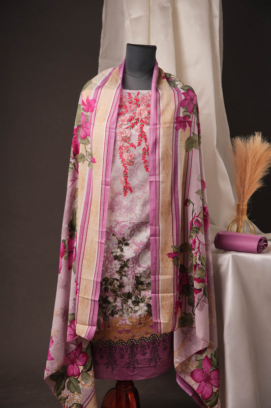 Lavender Printed Pakistani Unstitched Suit with Embroidered Neck & Corner Patch