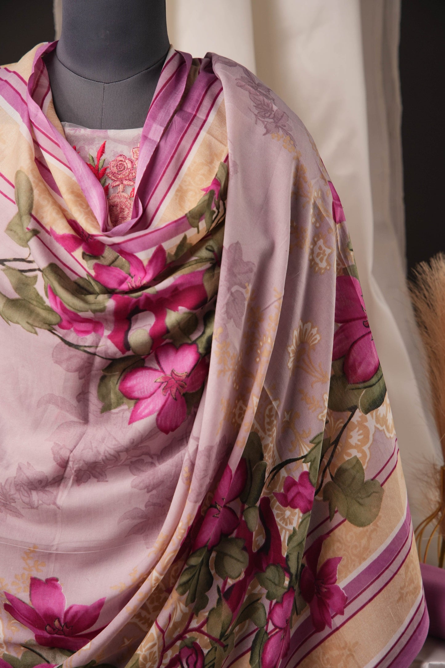 Lavender Printed Pakistani Unstitched Suit with Embroidered Neck & Corner Patch