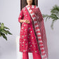Red Cotton Blend Kurta Set with Floral Paisley Print & Chiffon Dupatta