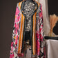 Black Printed Pakistani Unstitched Suit with Embroidered Neck Patch & Hand Puff Sleeves