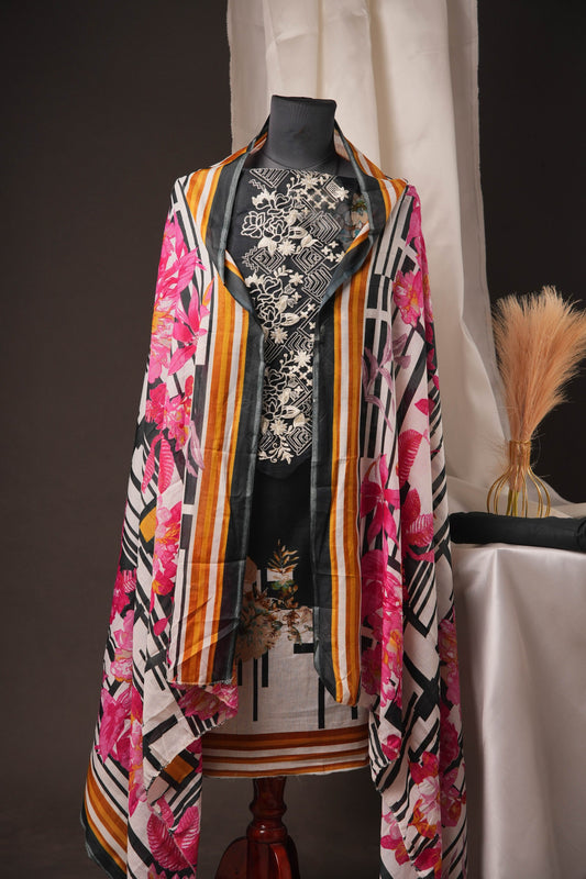 Black Printed Pakistani Unstitched Suit with Embroidered Neck Patch & Hand Puff Sleeves