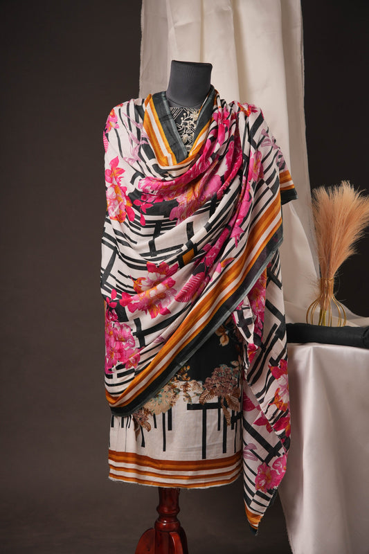 Black Printed Pakistani Unstitched Suit with Embroidered Neck Patch & Hand Puff Sleeves