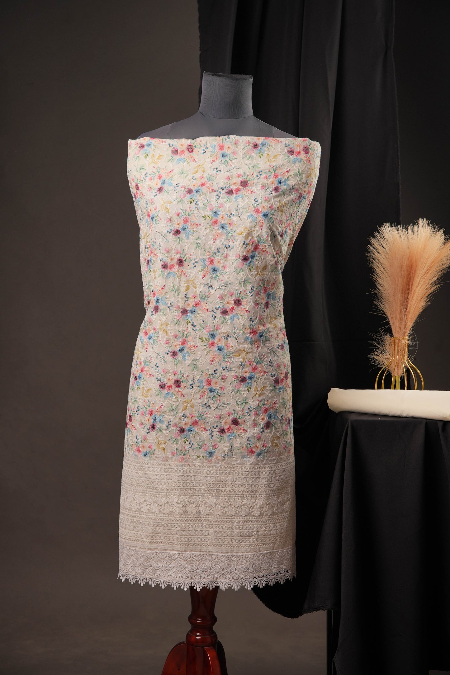 Cream Textured Floral Garden Print Cotton Unstitched Suit with Thread Work & Chiffon Dupatta
