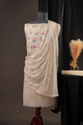 Cream Textured Floral Garden Print Cotton Unstitched Suit with Thread Work & Chiffon Dupatta