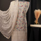 Cream Textured Floral Garden Print Cotton Unstitched Suit with Thread Work & Chiffon Dupatta