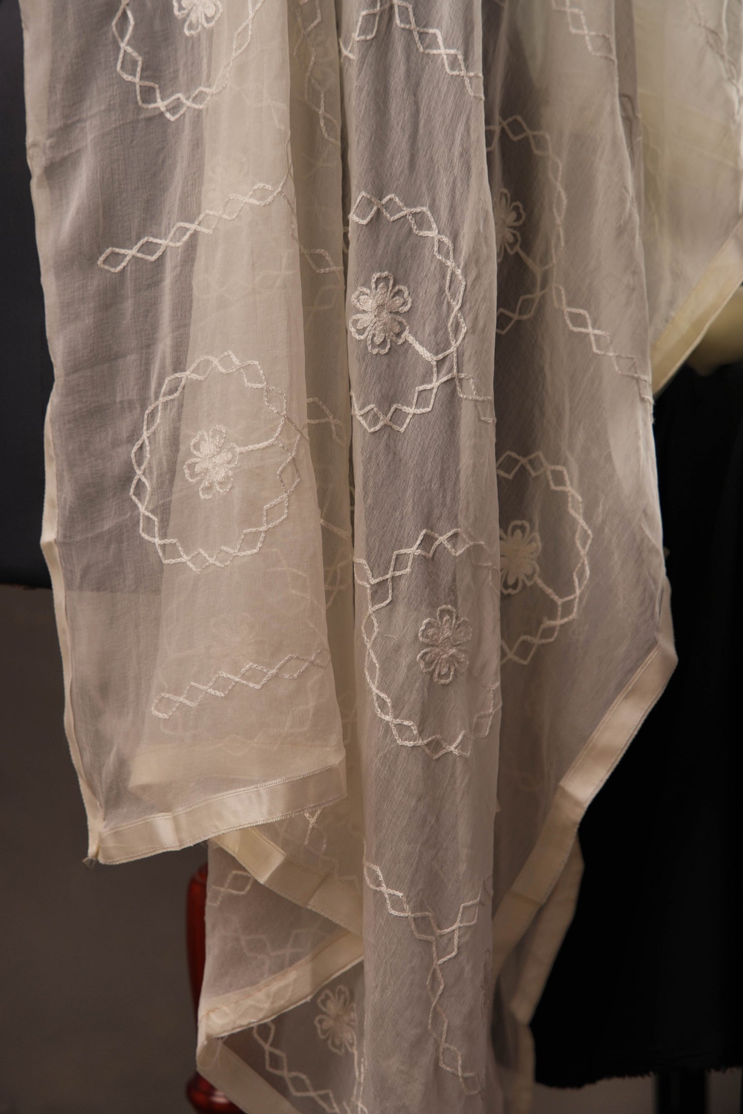 Cream Textured Floral Garden Print Cotton Unstitched Suit with Thread Work & Chiffon Dupatta