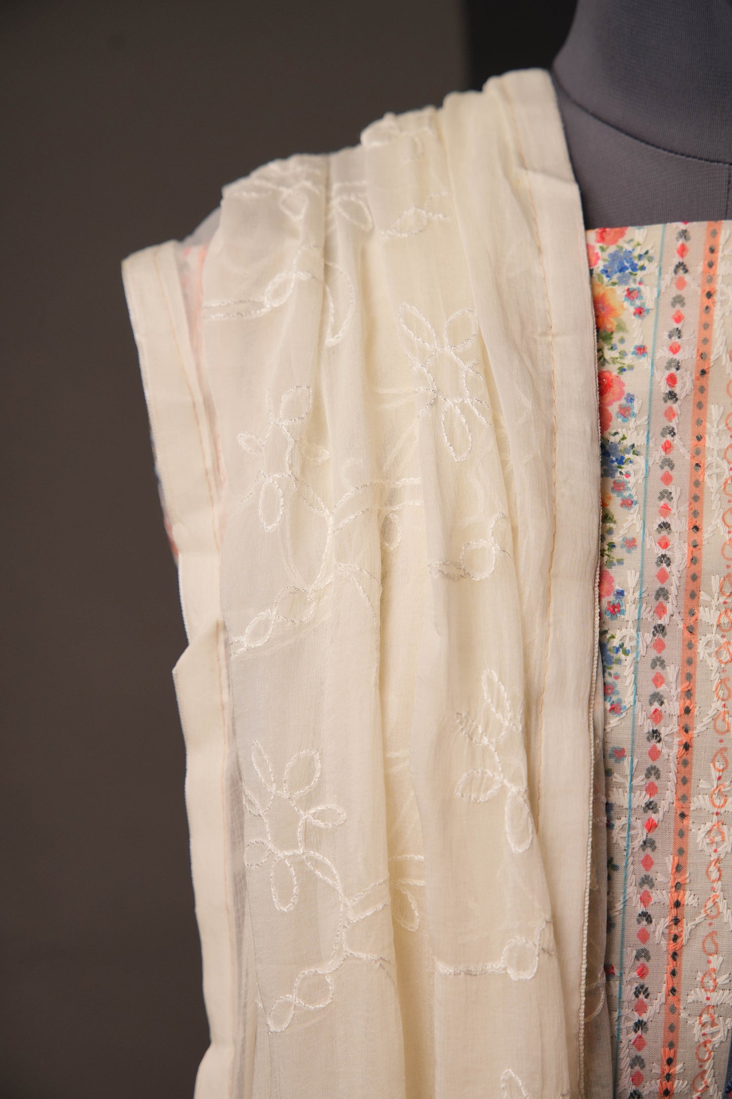 Cream Textured Floral Garden Print Cotton Unstitched Suit with Thread Work & Chiffon Dupatta