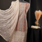 Cream Vertical Striped Floral Print Cotton Unstitched Suit with Thread Work & Chiffon Dupatta