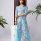 Sky Blue Floral Print Rayon Kurta Set with Self-Design Dupatta
