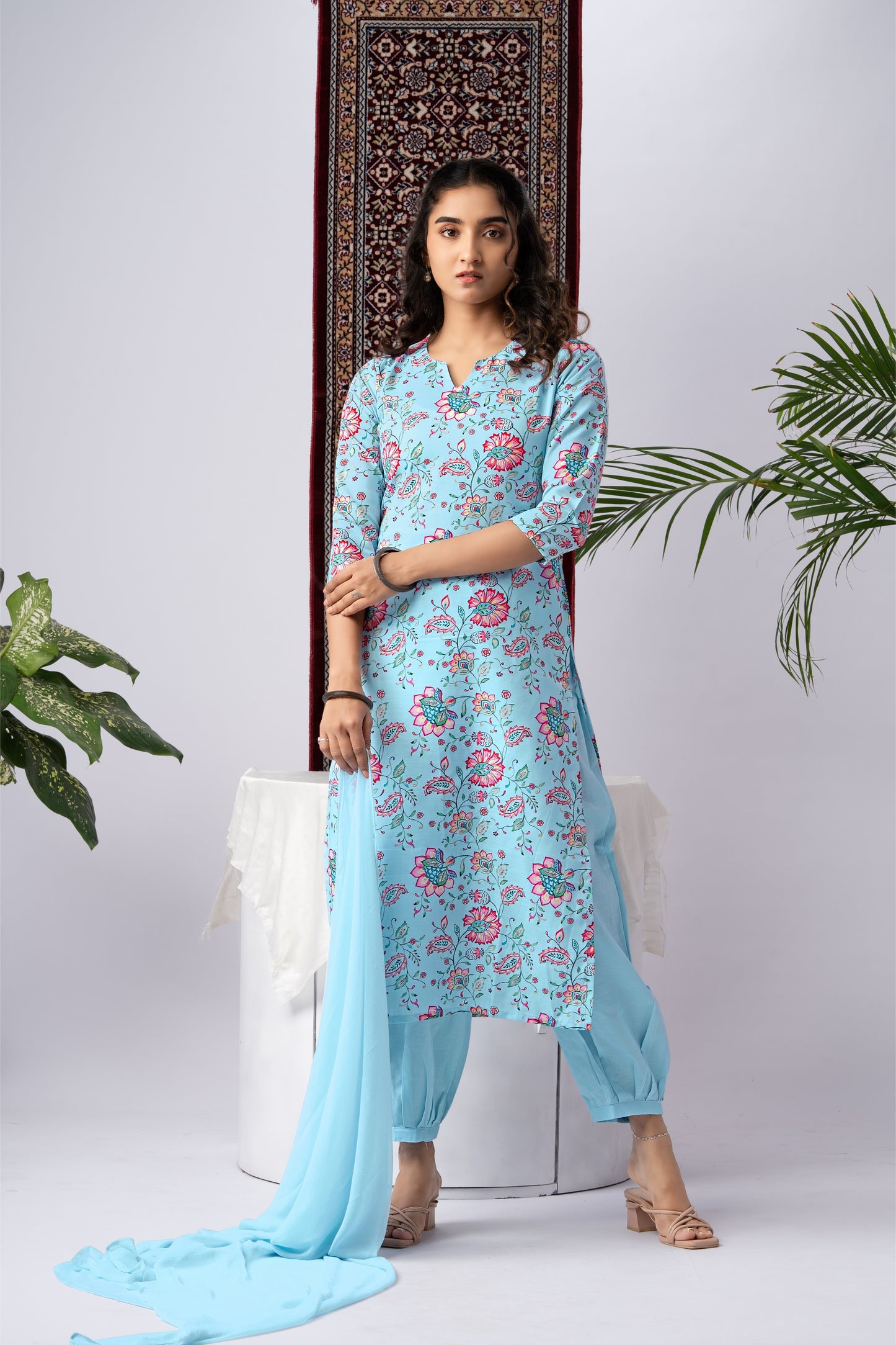 Sky Blue Floral Print Rayon Kurta Set with Self-Design Dupatta