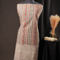 Cream Vertical Striped Floral Print Cotton Unstitched Suit with Thread Work & Chiffon Dupatta