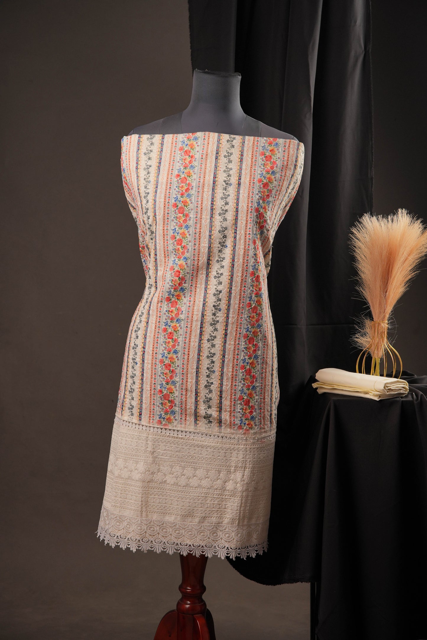 Cream Vertical Striped Floral Print Cotton Unstitched Suit with Thread Work & Chiffon Dupatta