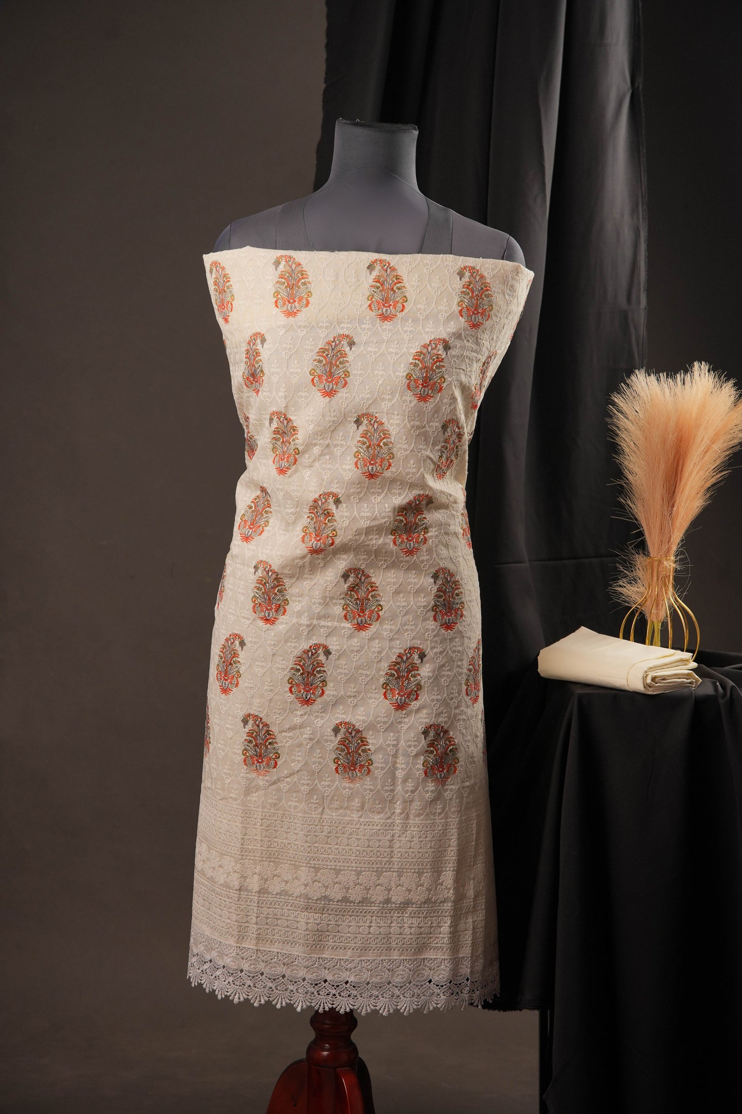 Cream Butti Paisley Cotton Unstitched Suit with Thread Work & Chiffon Dupatta