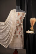 Cream Butti Paisley Cotton Unstitched Suit with Thread Work & Chiffon Dupatta