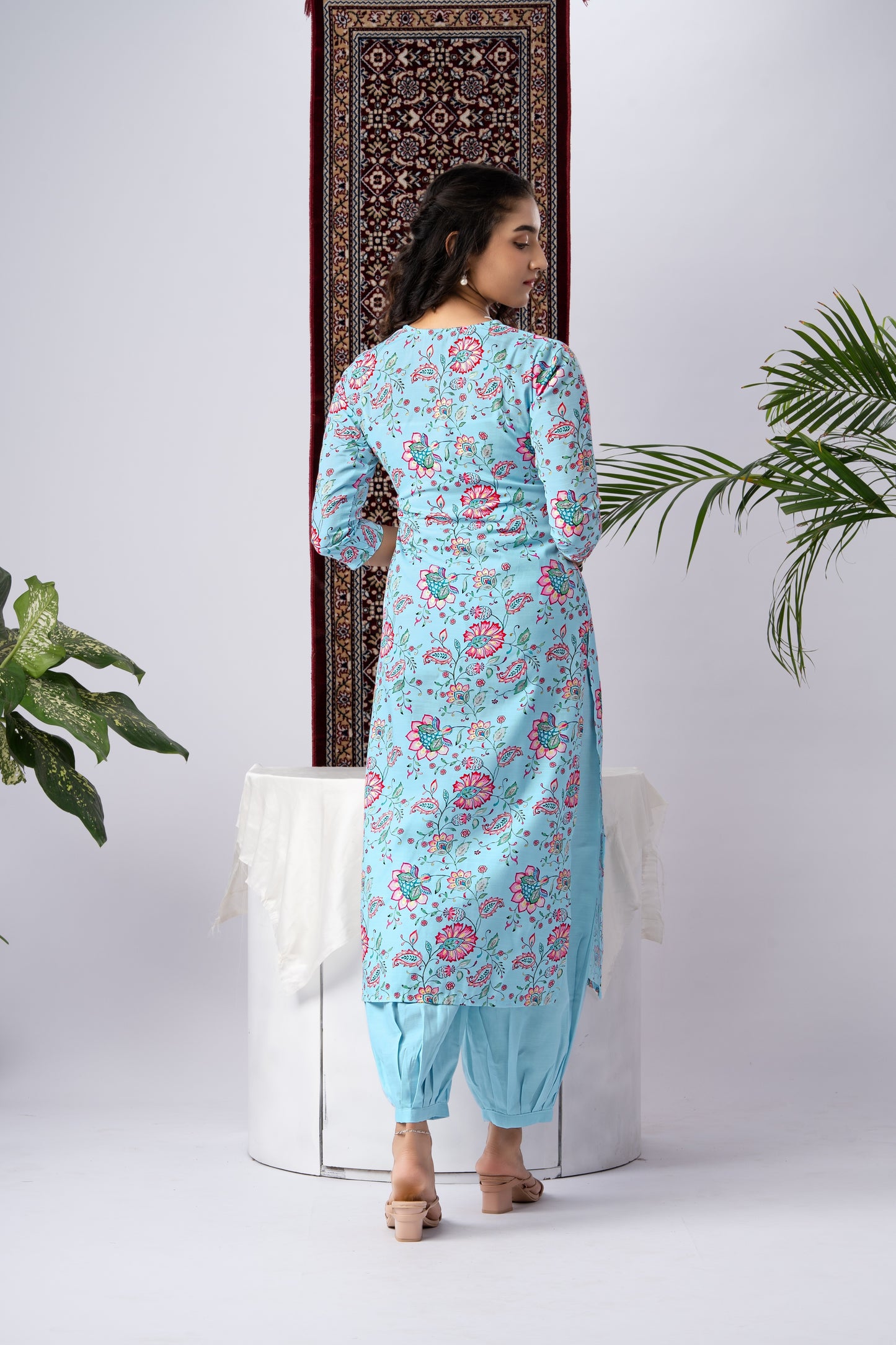 Sky Blue Floral Print Rayon Kurta Set with Self-Design Dupatta