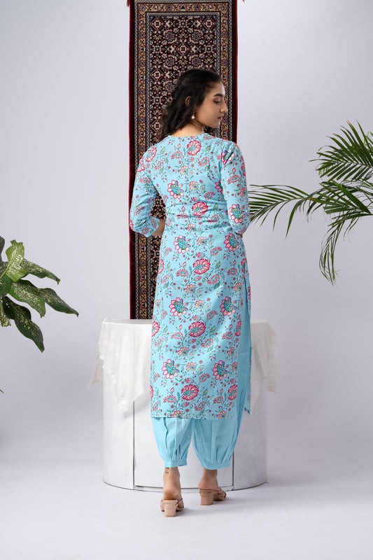Sky Blue Floral Print Rayon Kurta Set with Self-Design Dupatta