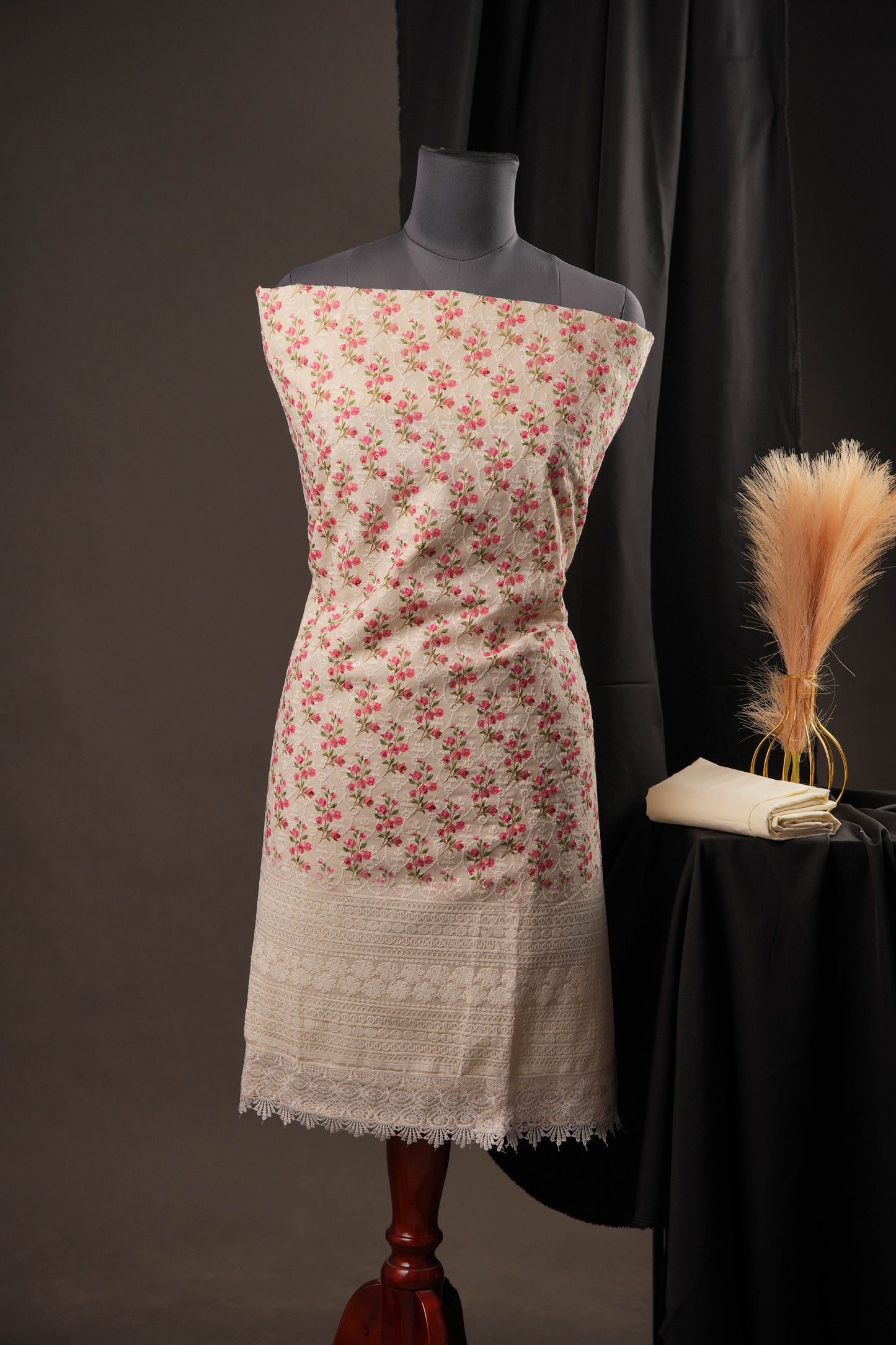 Cream Mini Rose Floral Print Cotton Unstitched Suit with Thread Work & Chiffon Dupatta