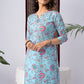 Sky Blue Floral Print Rayon Kurta Set with Self-Design Dupatta