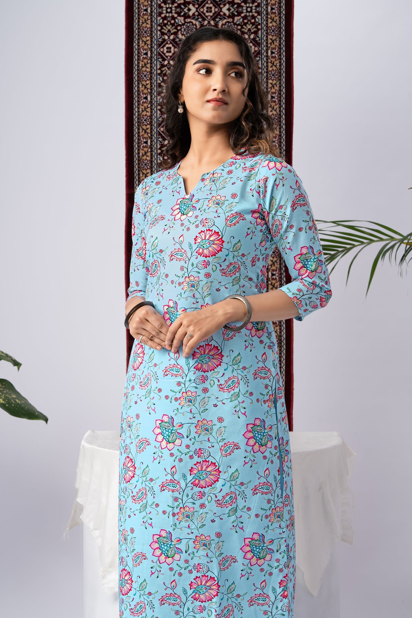Sky Blue Floral Print Rayon Kurta Set with Self-Design Dupatta