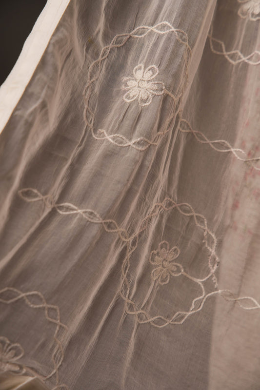 Cream Striped Floral Butti Print Cotton Unstitched Suit with Thread Work & Chiffon Dupatta
