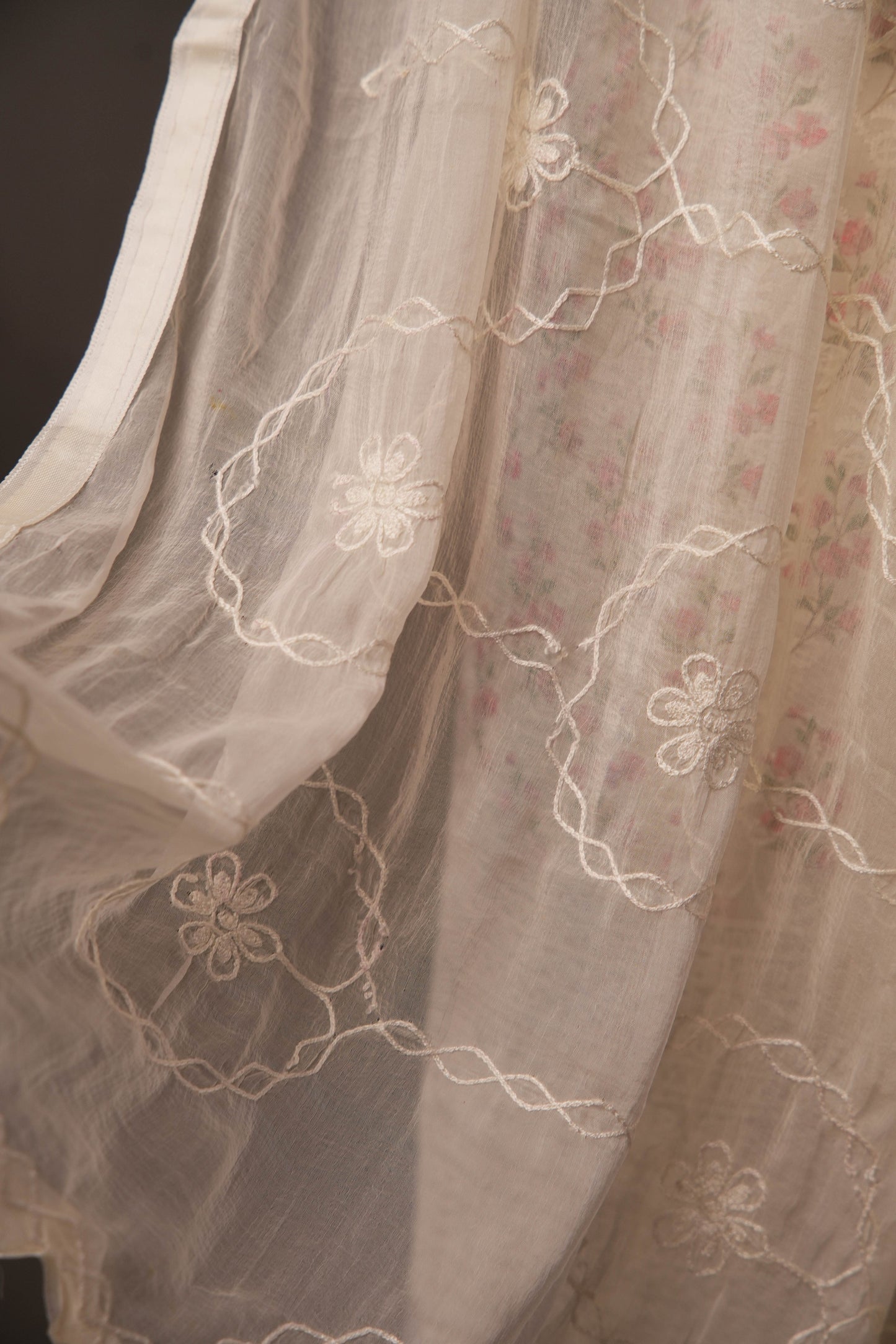 Cream Mini Rose Floral Print Cotton Unstitched Suit with Thread Work & Chiffon Dupatta