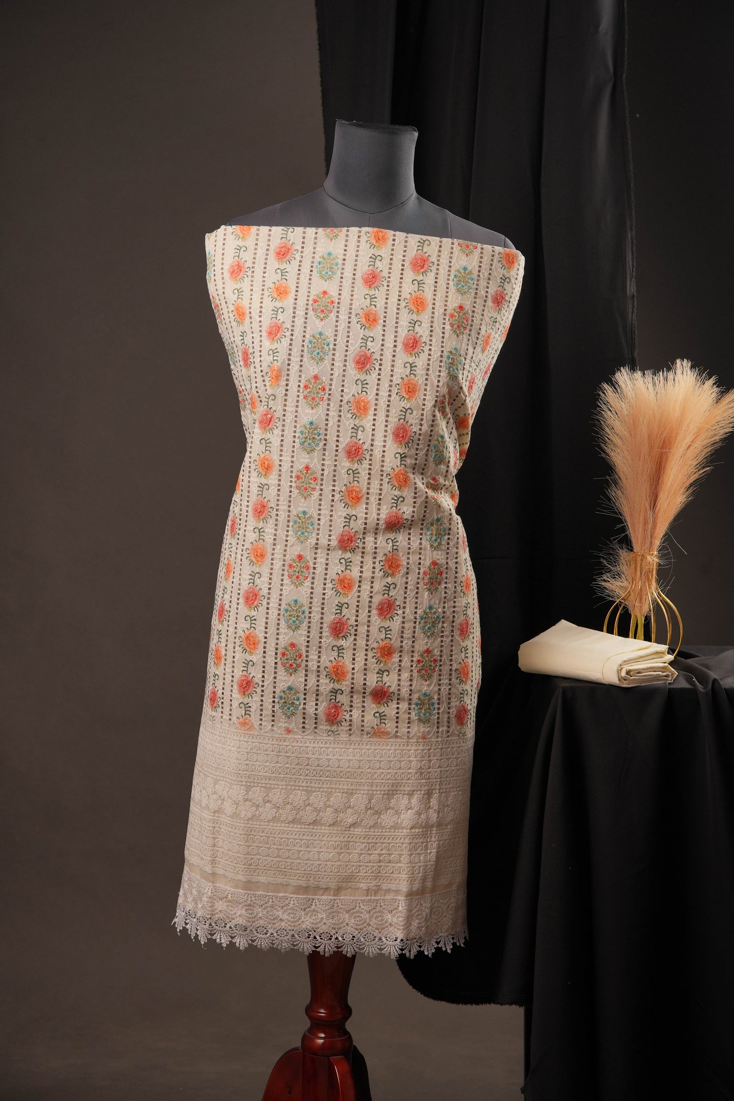 Cream Striped Floral Butti Print Cotton Unstitched Suit with Thread Work & Chiffon Dupatta
