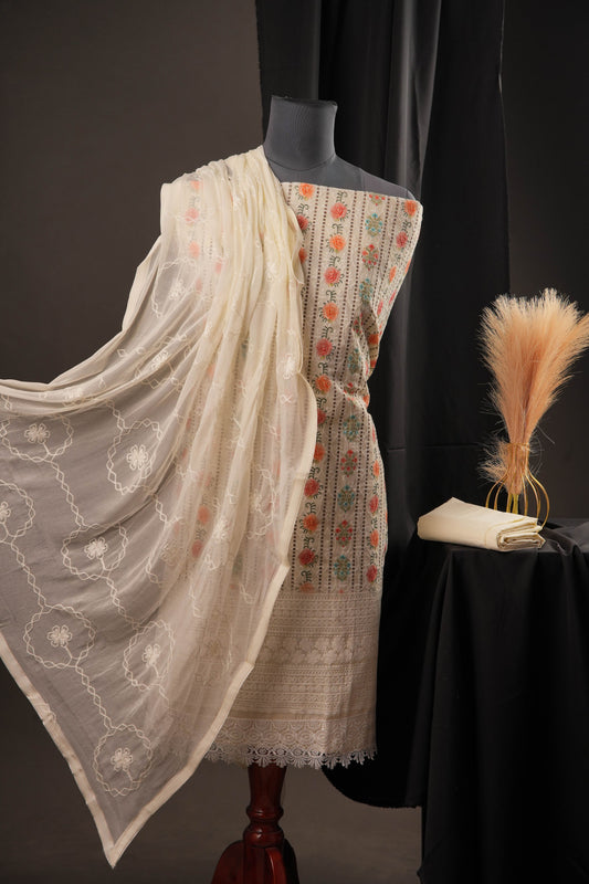 Cream Striped Floral Butti Print Cotton Unstitched Suit with Thread Work & Chiffon Dupatta