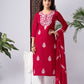 Red Silk Blend Embroidered Kurta Set with Printed Dupatta
