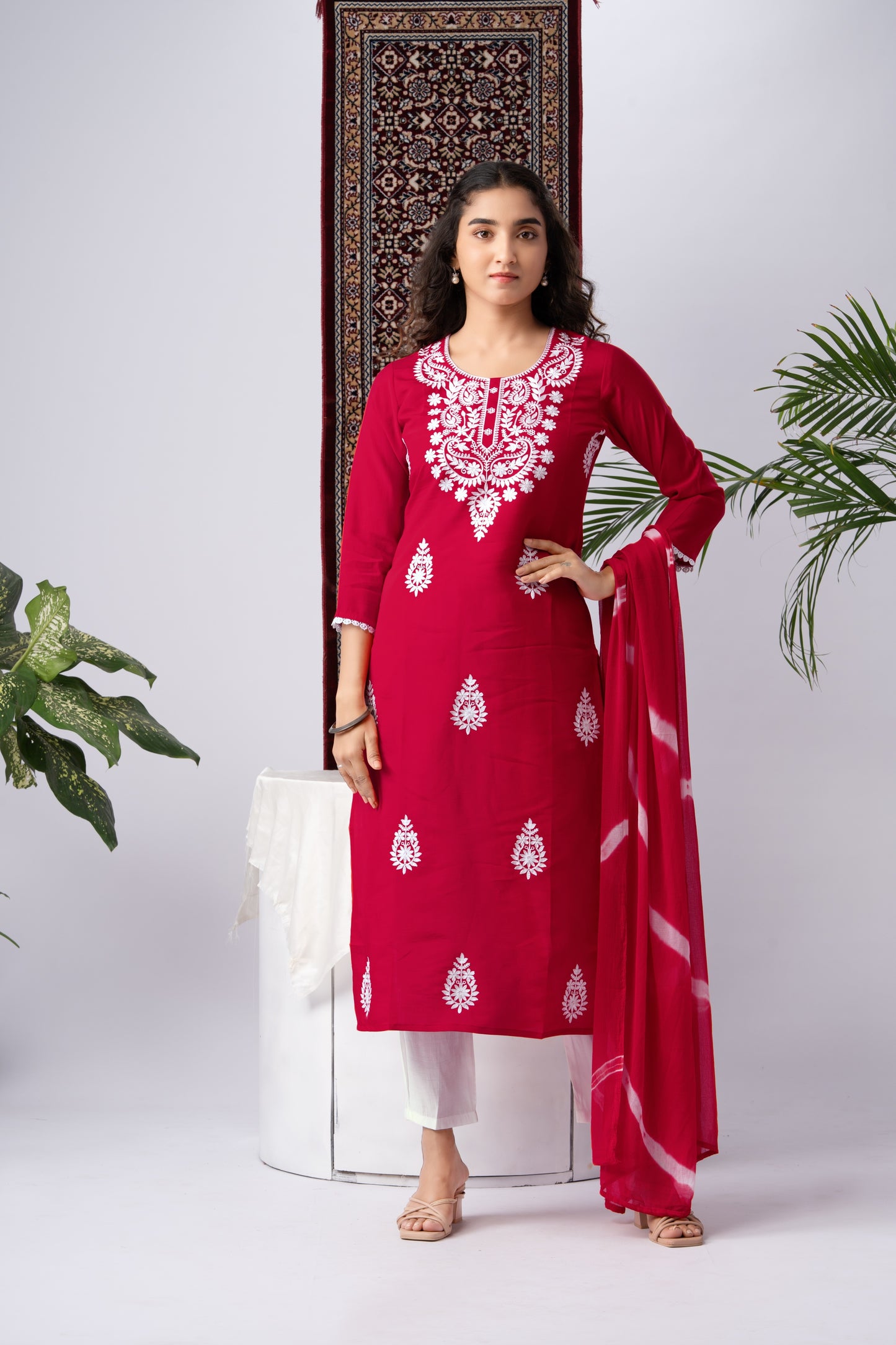 Red Silk Blend Embroidered Kurta Set with Printed Dupatta