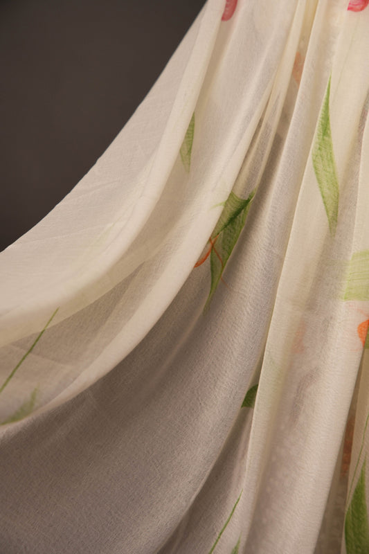 Off-White Georgette Unstitched Suit with Peach Panel Neck & Floral Printed Dupatta