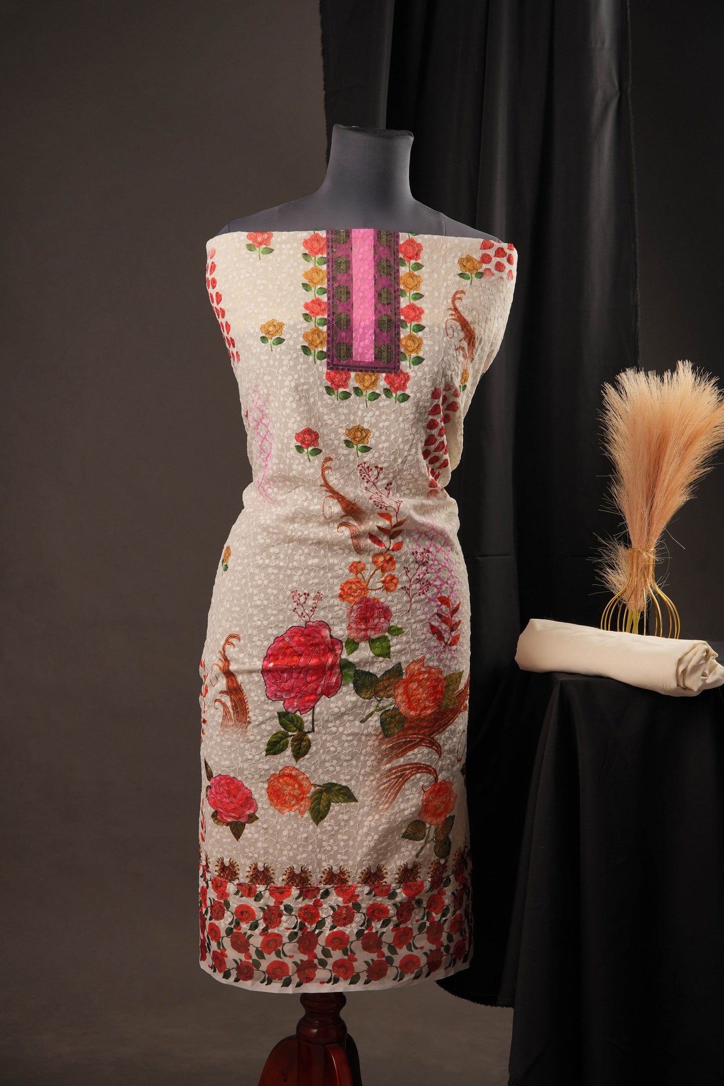 Off-White Georgette Unstitched Suit with Pink Panel Neck & Floral Printed Dupatta