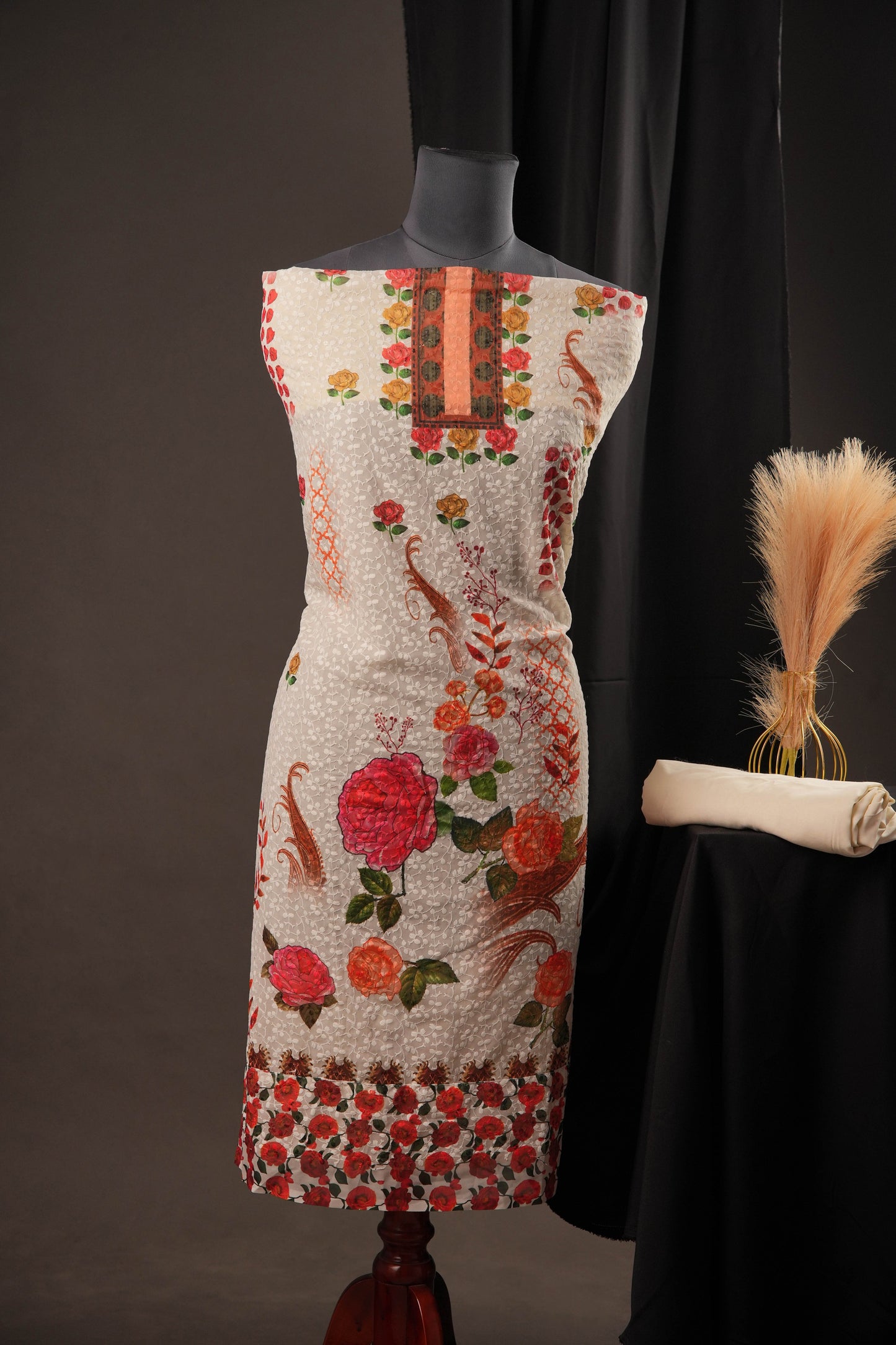 Off-White Georgette Unstitched Suit with Peach Panel Neck & Floral Printed Dupatta