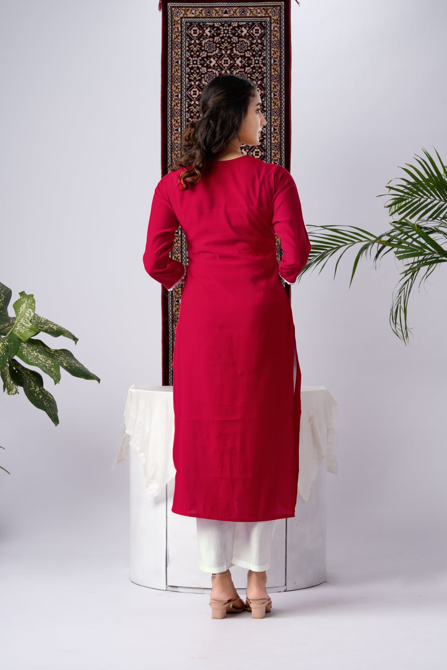 Red Silk Blend Embroidered Kurta Set with Printed Dupatta