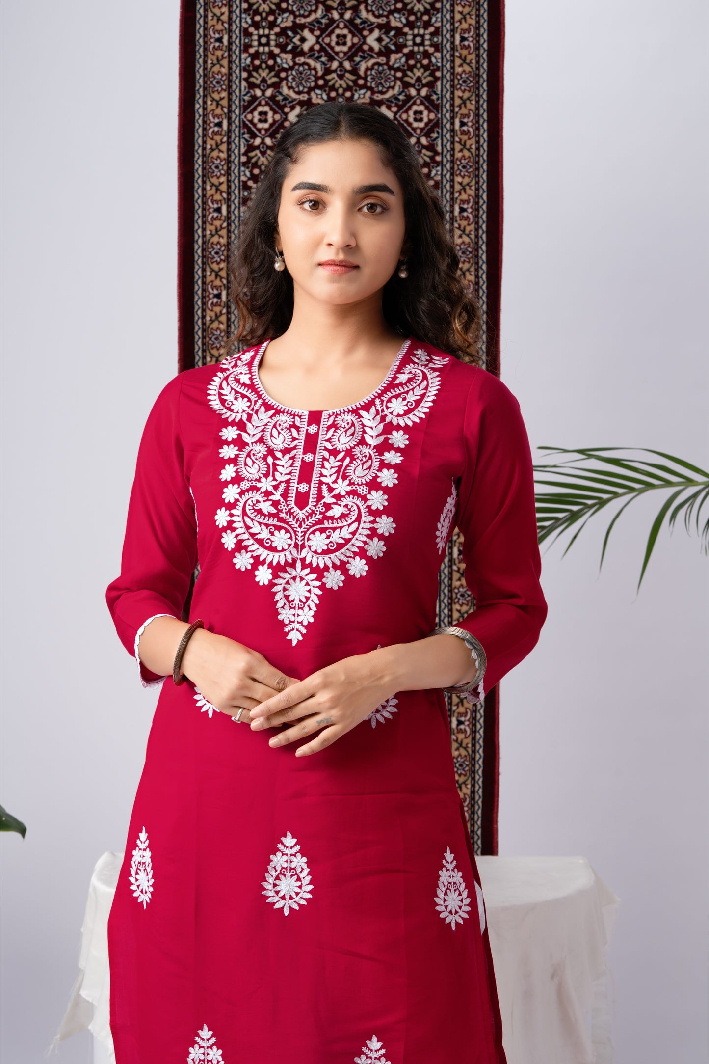 Red Silk Blend Embroidered Kurta Set with Printed Dupatta
