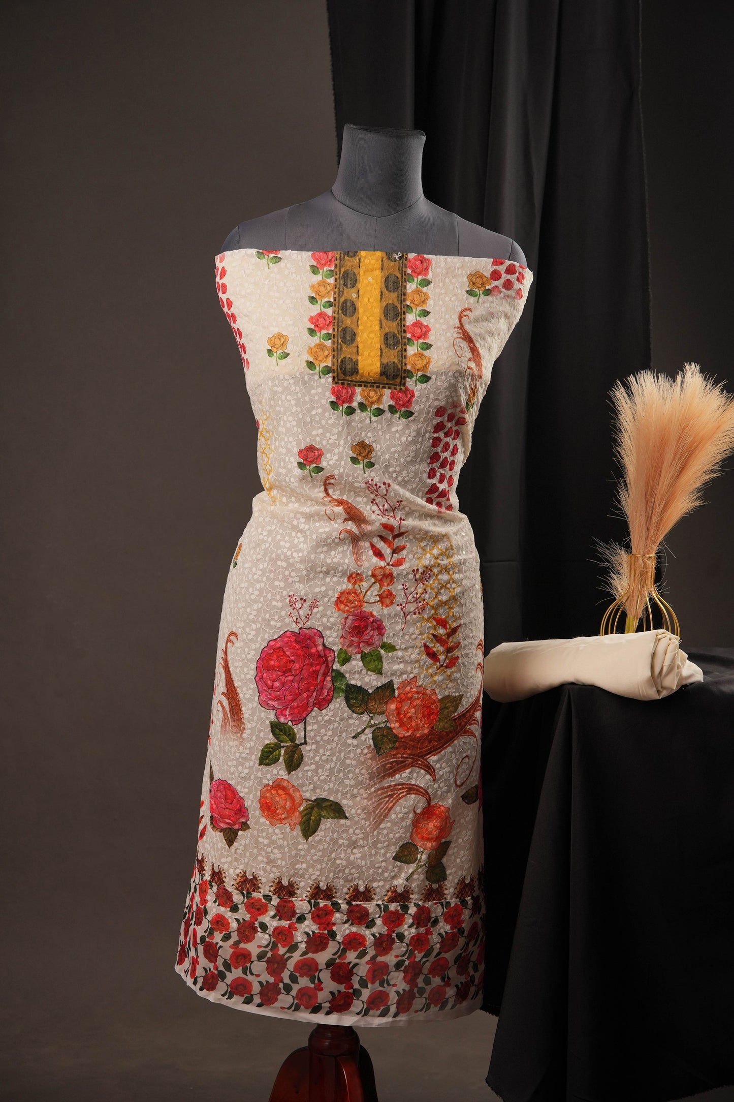 Off-White Georgette Unstitched Suit with Yellow Panel Neck & Floral Printed Dupatta