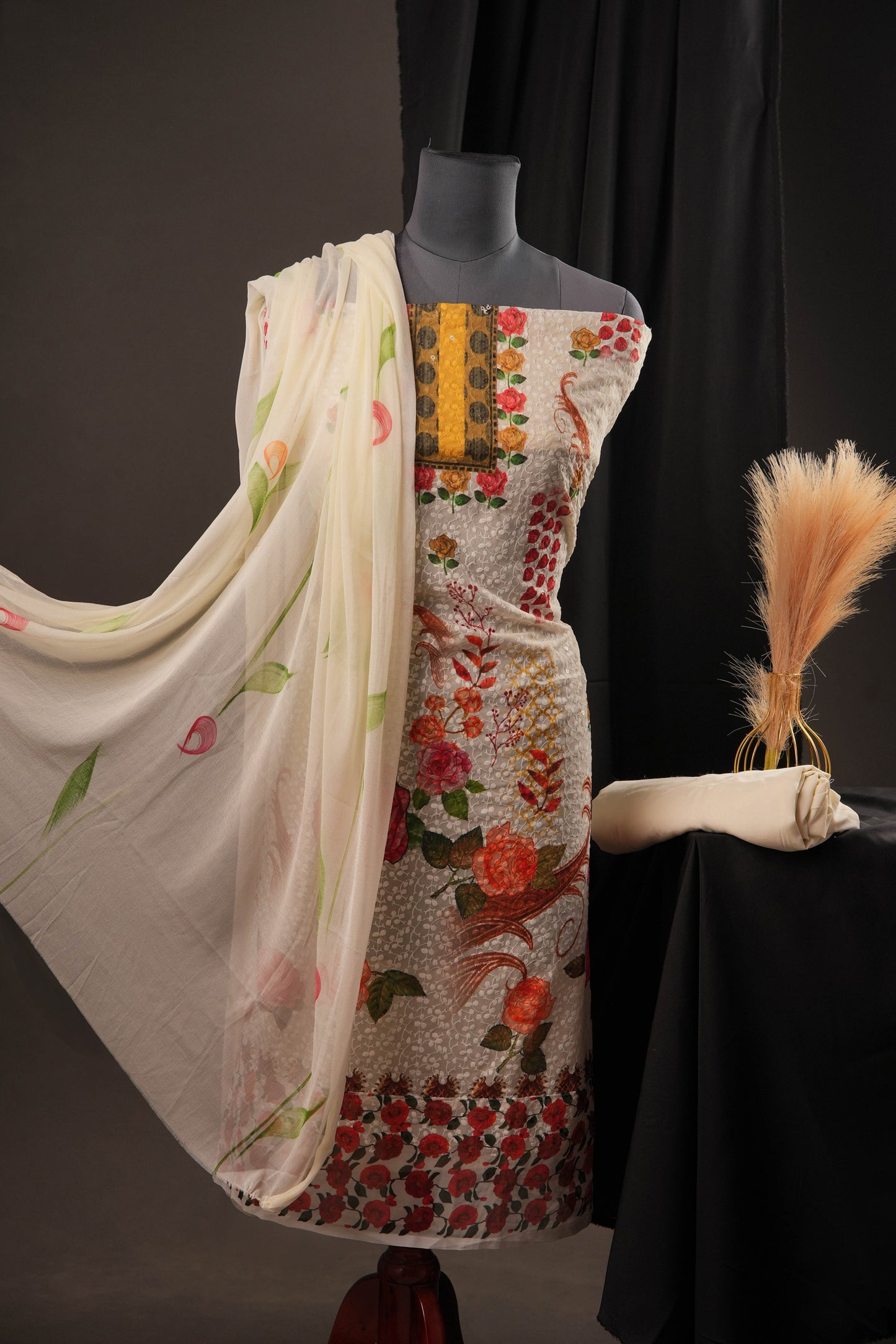 Off-White Georgette Unstitched Suit with Yellow Panel Neck & Floral Printed Dupatta