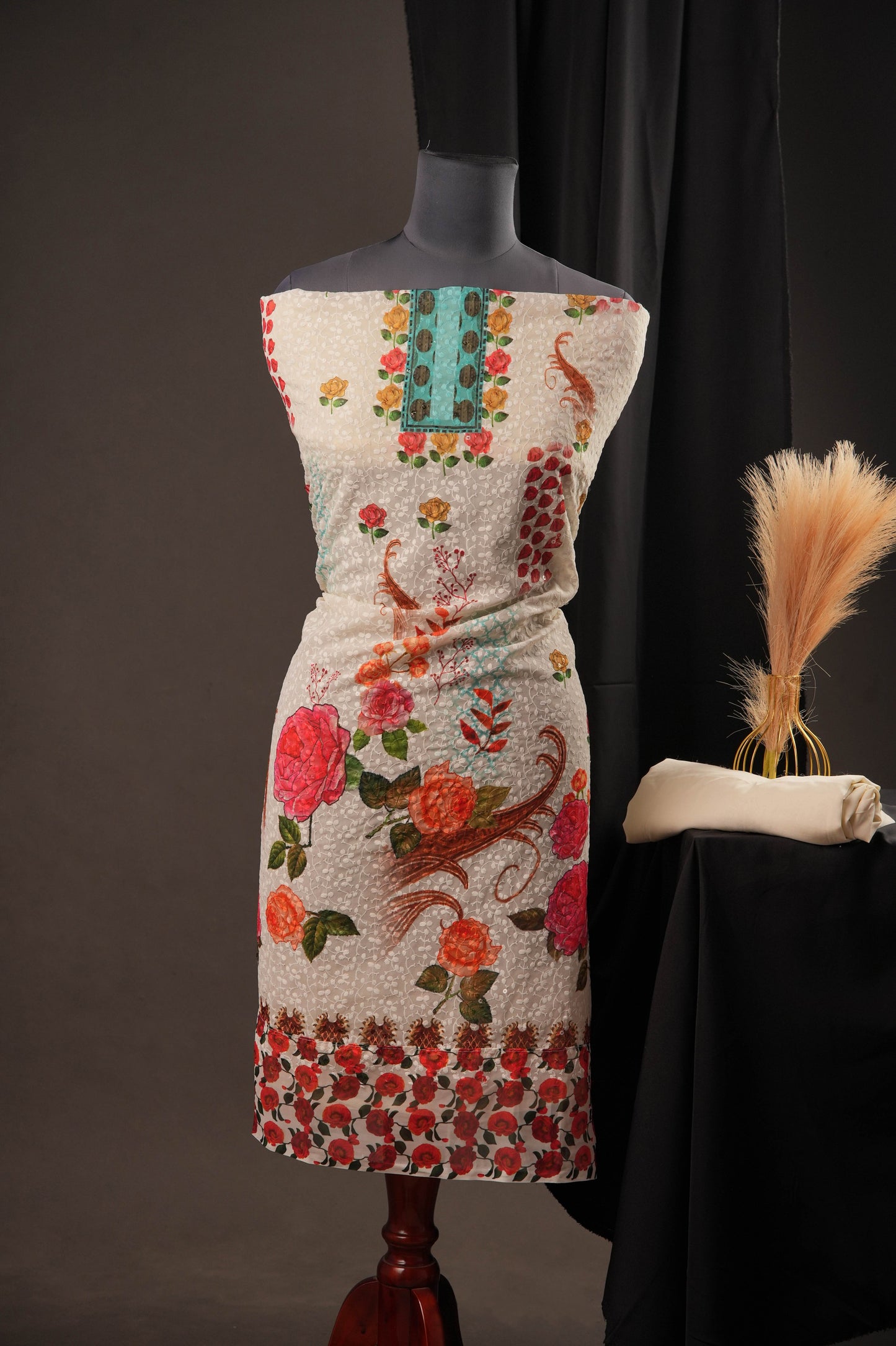 Off-White Georgette Unstitched Suit with Sky Blue Panel Neck & Floral Printed Dupatta