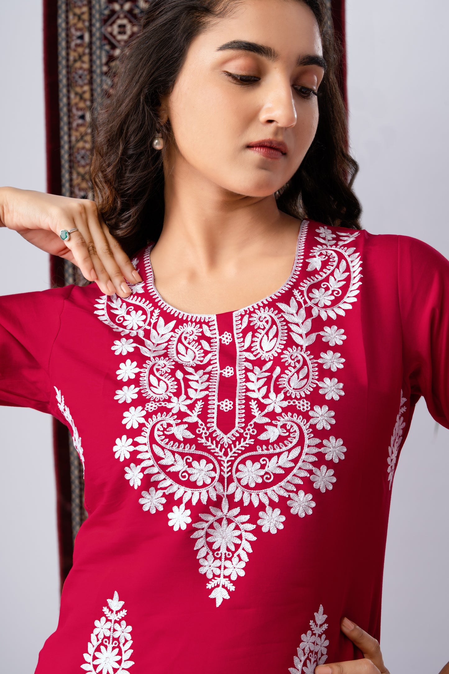Red Silk Blend Embroidered Kurta Set with Printed Dupatta