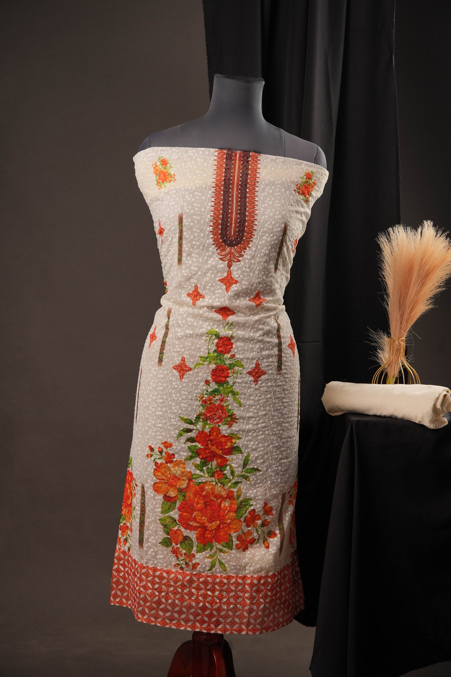 Elegant Off-White Rust Brown Georgette Ciffly Unstitched Suit with Floral Print & Embroidered Neckline