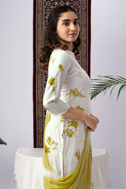 White & Yellow Tie-Dye Print Rayon Kurta Set with Dupatta
