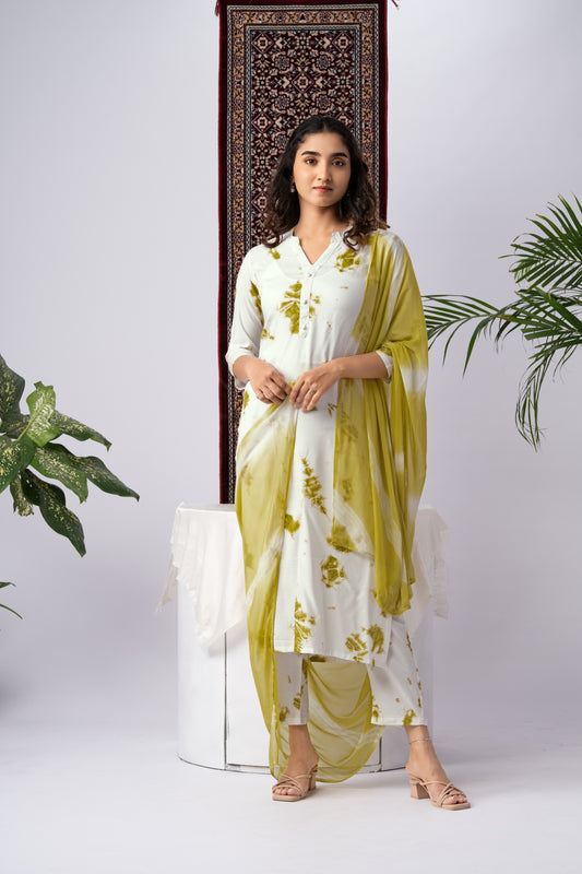 White & Yellow Tie-Dye Print Rayon Kurta Set with Dupatta