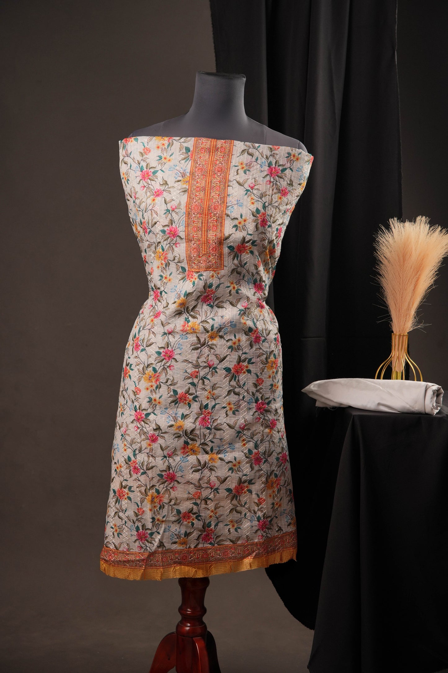 Off-White Cotton Unstitched Suit with Floral Printed On Top & Ciffly Dupatta