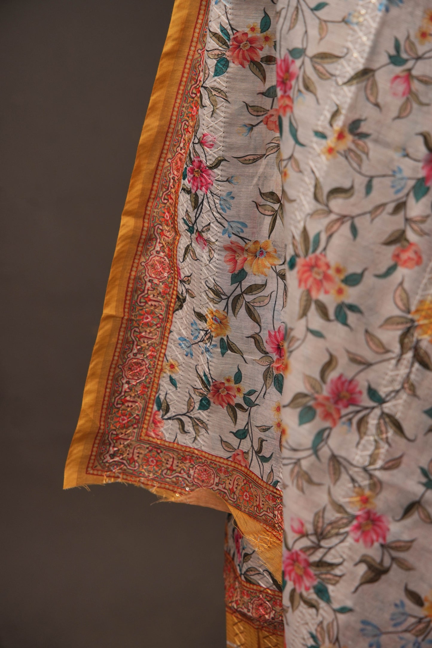 Off-White Cotton Unstitched Suit with Floral Printed On Top & Ciffly Dupatta